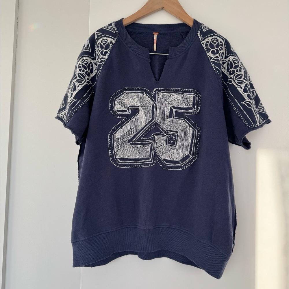 Navy Blue Graphic Tee with White Embroidery • Free People